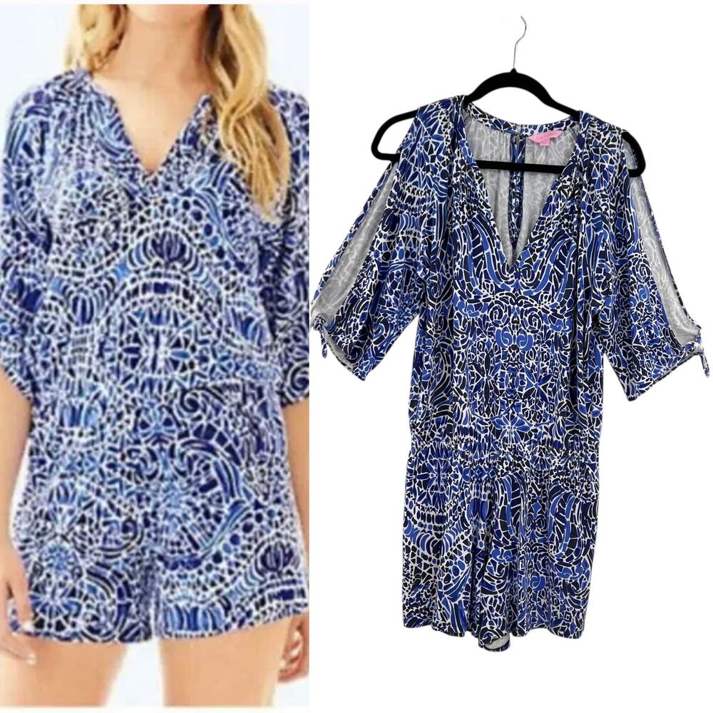 Lilly Pulitzer Bryce Romper Taverna Tile Print Bright Navy‎ Blue Size Small